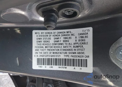 2016 Honda Civic Lx из США, поврежденный, VIN 2HGFC2F51GH513121